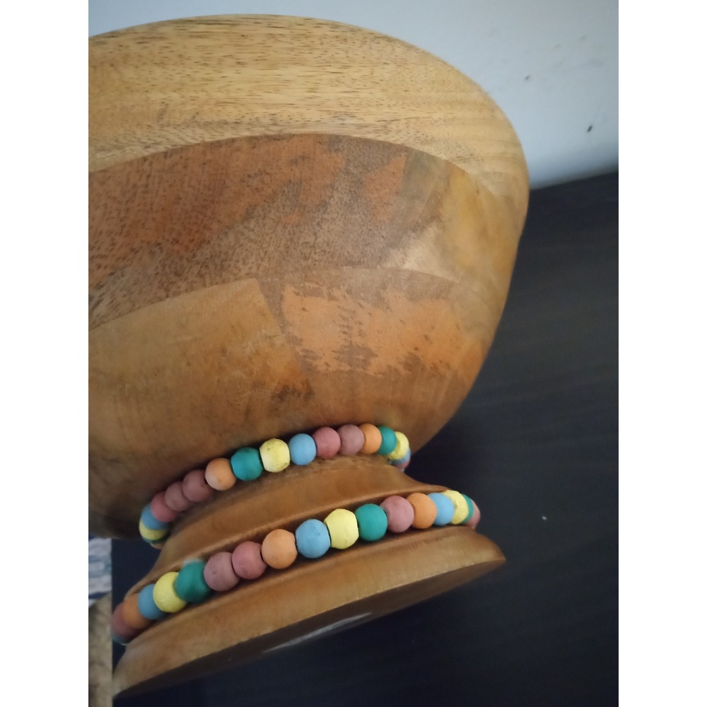 Wooden Pedestal Bowl with Pastel Bead Accents Natural Grain Centerpiece - Picture 2 of 5